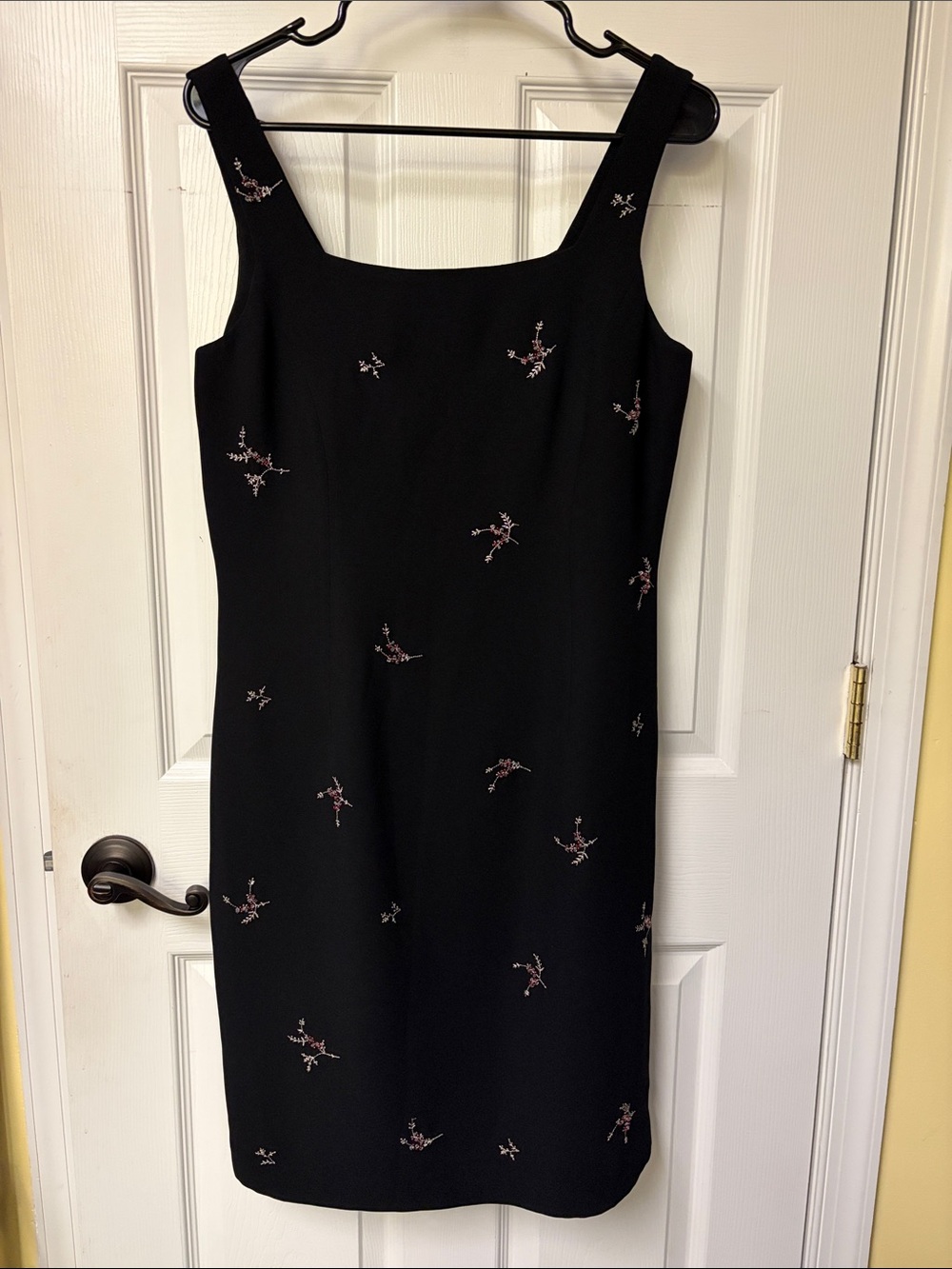 Evan Picone Black Sleeveless Sheath Dress with Pink beaded Embroidery